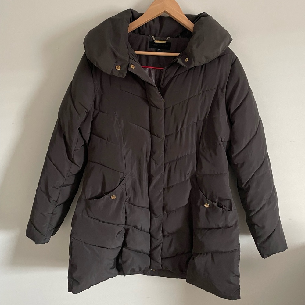 Steve Madden Women's Long Chevron Quilted Outerwear Jacket - Gunmetal Gray